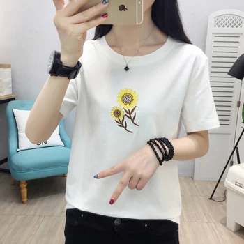 

Floral Embroidery T Shirt Women 2020 Summer New T-Shirt Plus Size Woman Clothes Short Sleeve Womens Tops Casual Tee Shirt Femme