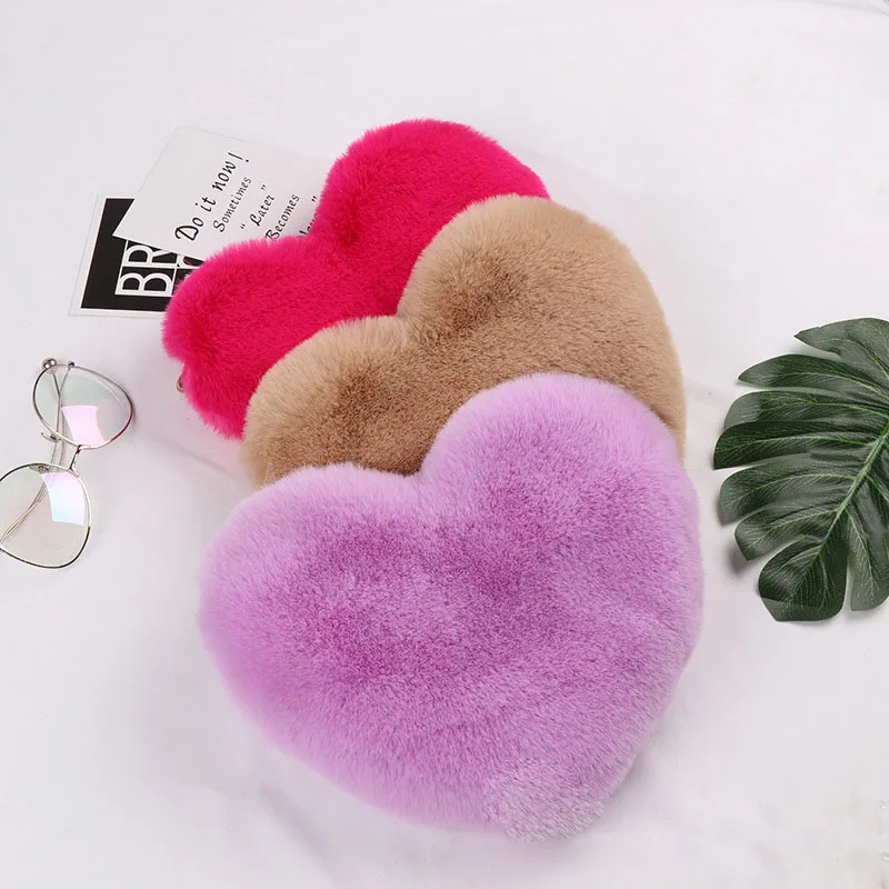 Heart-Shaped Crossbody Bags For Women Solid Color Winter Faux Fur Shoulder Bags Messenger Bag Small Chain Ladies Handbags