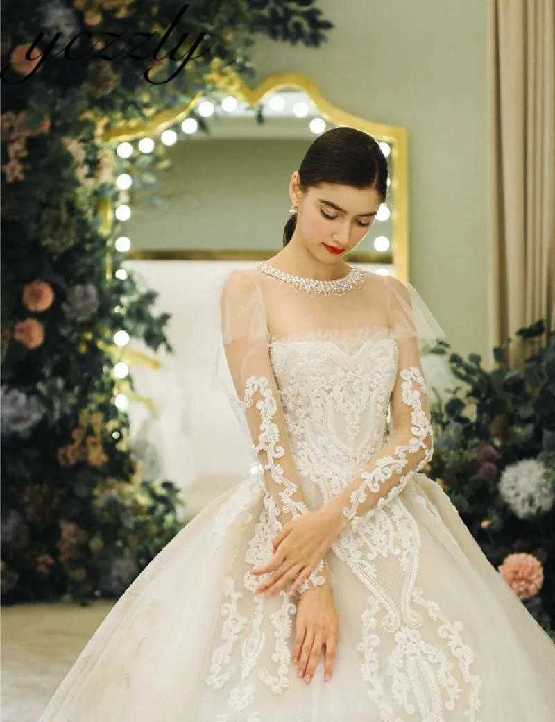 Robe De Mariee винтажное бальное платье с круглым вырезом кружевное свадебное платье с жемчугом размера плюс длинные рукава аппликации свадебное платье со стразами W189