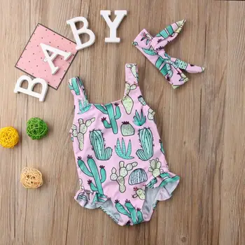 

2pcs Infant Baby Girls Swimsuit with headband Kids Bikini Swimwear Cactus Toddler Beach Wear Child Girl Baby Summer Swimwear