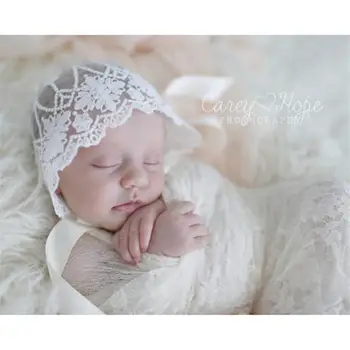 

Newborn Baby Girl Lace Silk Ribbon Adjustable Cap Hat Photo Prop (White) Winter warm hat