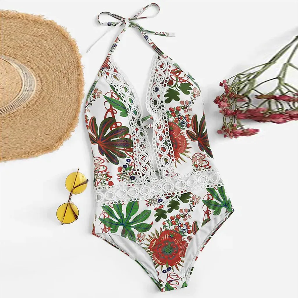 Vintage Deep V sexy Printing Bandage cross 1-Piece Bikini Push-Up Pad Swimwear High waisted Botton Backless Beachwear купальник |