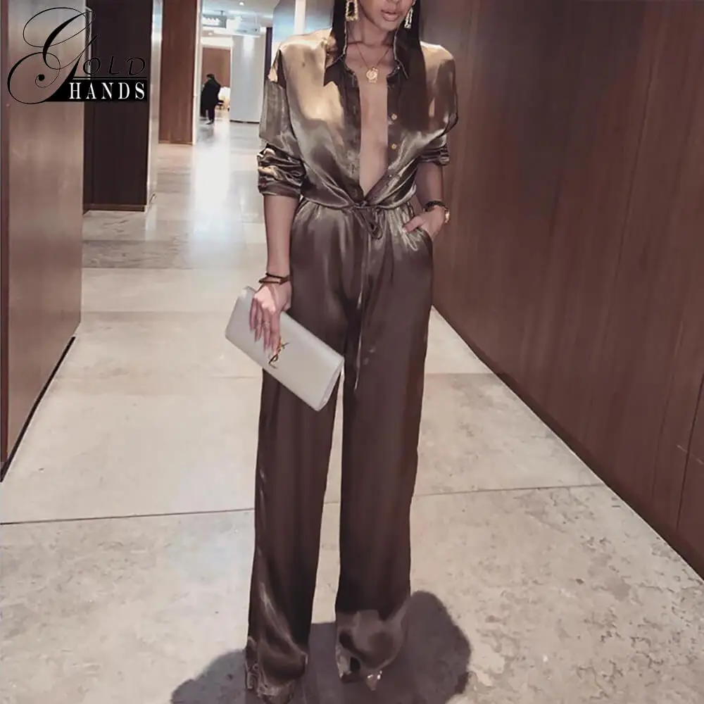 

Gold Hands Satin Button Deep V Sashes Jumpsuit Women Streetwear Long Sleeve Loose Pants Playsuits 2019 Summer With Free Shipping