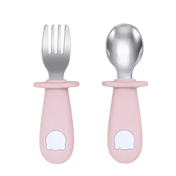 Cartoon Bear Baby Feeding Spoon and Fork Set - BPA-Free Silicone and Stainless Steel Utensils (010 Light pink)