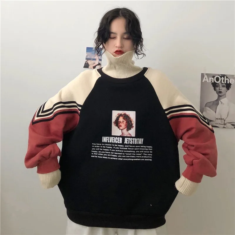 

Hoodies Women Turtleneck Thicker Plus Velvet Warm Harajuku Printed Pullovers Womens Oversize Patchwork Leisure Sweatshirts -85