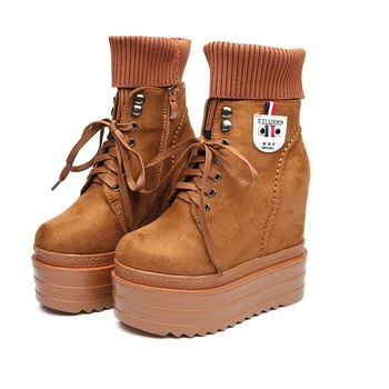 

2018 autumn and winter new women's booties increased 14 cm warm knitted wool snow boots wild plus velvet cotton shoes