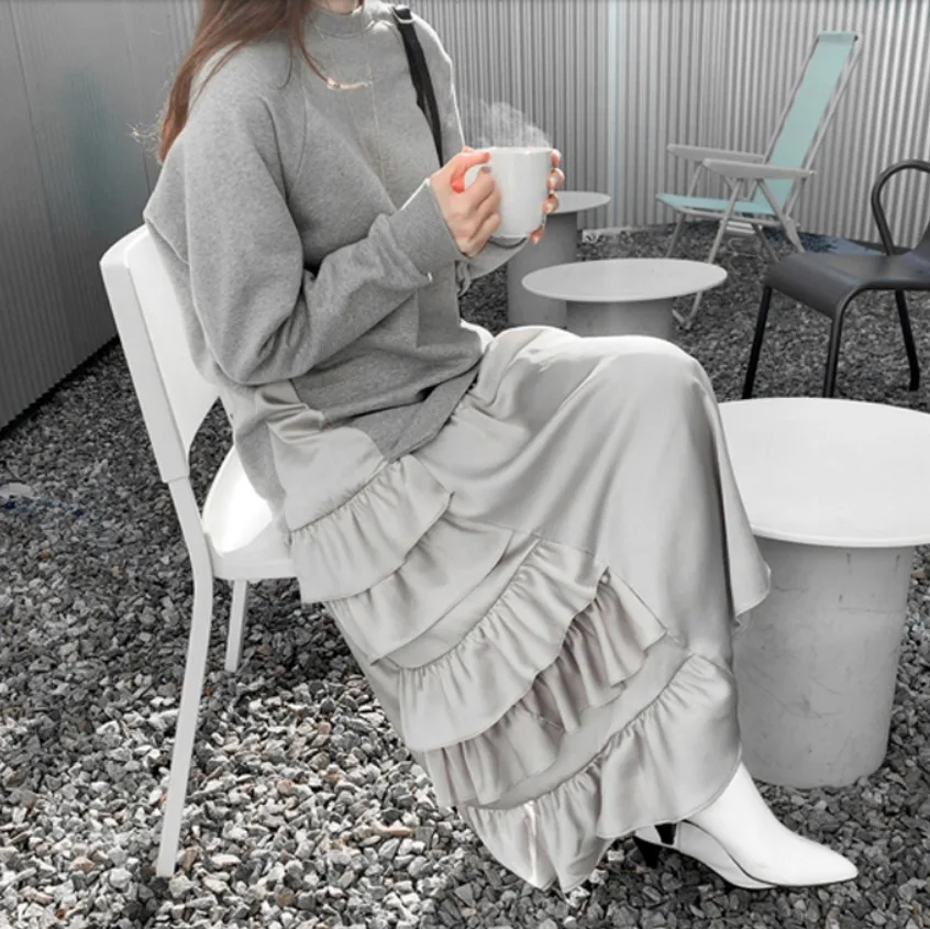 

2019 Autumn And Winter New Style Korean-style Frilled Joint Irregular Loose-Fit Slimming Mock Two-Piece Hoodie Dress