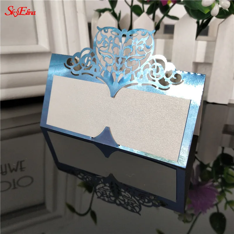 bright blue Новинка; 10/50/100 шт для свадьбы карты Свадебная вечеринка украшения пользу Лазерная резка стол в форме сердца визитная карточка места 6Z SH871-50 - Цвет: bright blue