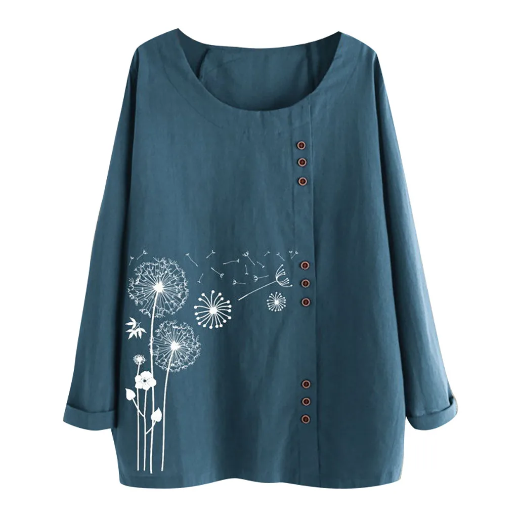 winter fashion Plus Size Women Long Sleeve Cotton Linen O-Neck Print Blouse Top T-Shirt plus size christmas Ropa de mujer