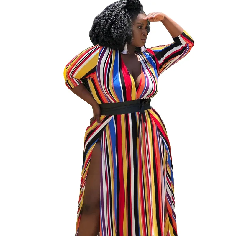 

African Dress For Women 2020 Casual Plus Size Stripe Print Maxi Dresses Elegant Sexy Long Dress Africa Clothing Robe Africaine