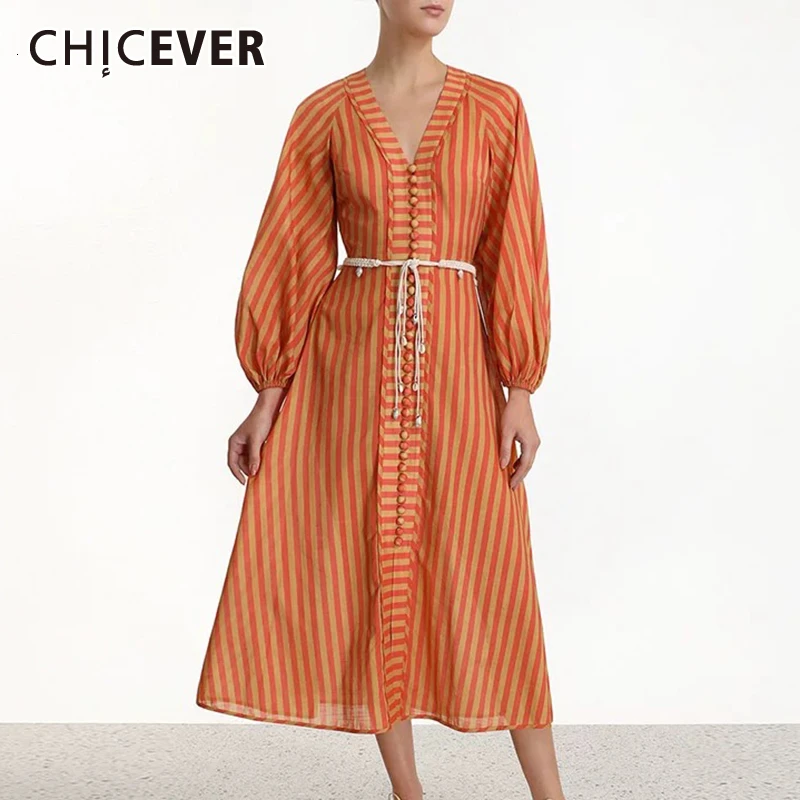 CHICEVER, элегантные полосатые женские платья, v-образный вырез, фонарь, длинный рукав, высокая талия, на шнуровке, платье, женская модная одежда, новинка