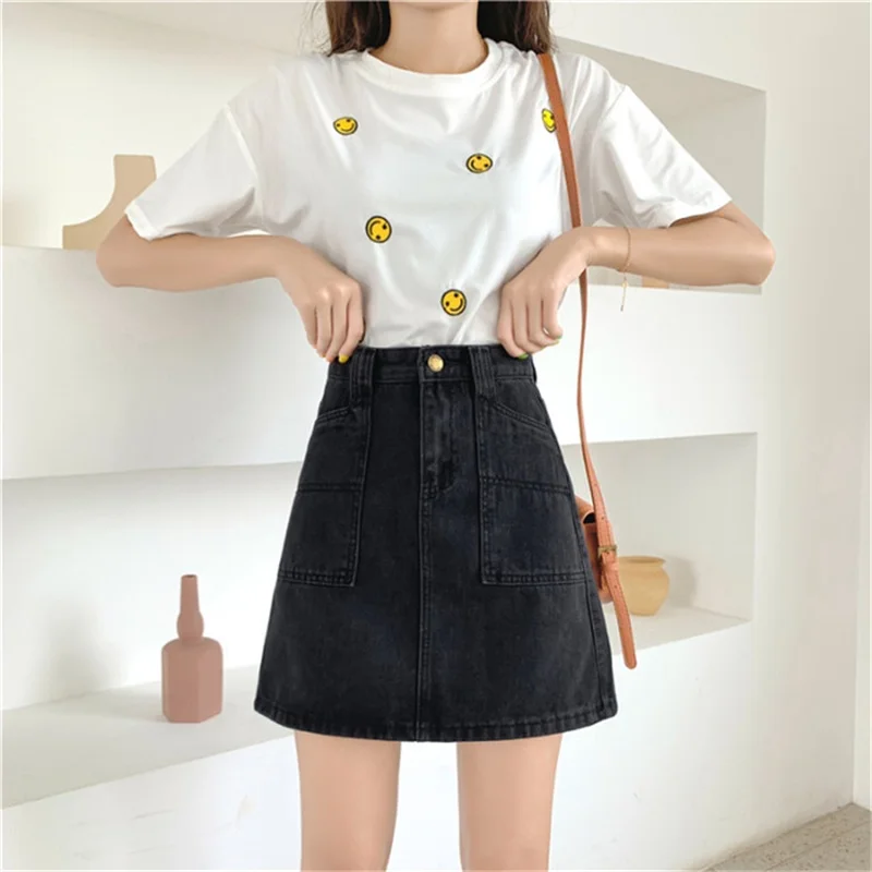 black denim short skirt