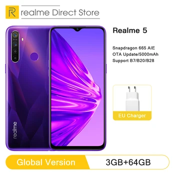 

Global Version realme 5 3GB RAM 64GB ROM 6.5" Moblie Phone Snapdragon 665 AIE Octa Core Cellphone 5000mAh Smartphone