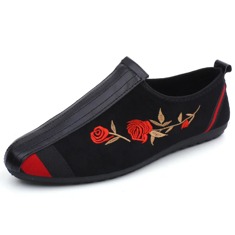 

Moccasins Mens Red Embroidery Rose Loafers Patchwork Faux Suede Plain Round Toe Slip-on Lightweight Driving Shoes Casual Flats