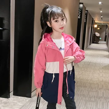 

Cuhk Children's Hooded Jackets For Girls Fashion Patchwork Cardigan Long Trench Coat Kids Outerwear Loose Casual Windbreaker