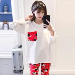Свободные женские пижамы с котом, корейские пижамы с круглым вырезом и длинными рукавами, домашняя женская ночная рубашка, модная удобная