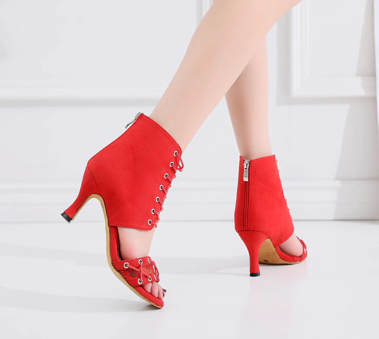 Women Flannel Latin Ballroom Dance Shoes Black Red Soft Bottom Salsa Shoes Woman High Heel Ankle Practice Dance Boots For Girls
