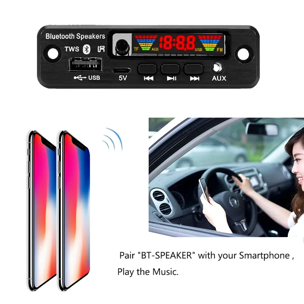 KEBIDU TWS Bluetooth 5.0 Handsfree Car Kit APE/MP3 Decoding Decoder Board 5V Wireless FM Radio TF USB 3.5mm AUX Audio MP3 Player
