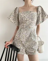 2022 Women Luxury Vintage Jumpsuit Fashion Floral Printed Party Romper Female Sweet Square collar Sreetwear Casual Playsuits