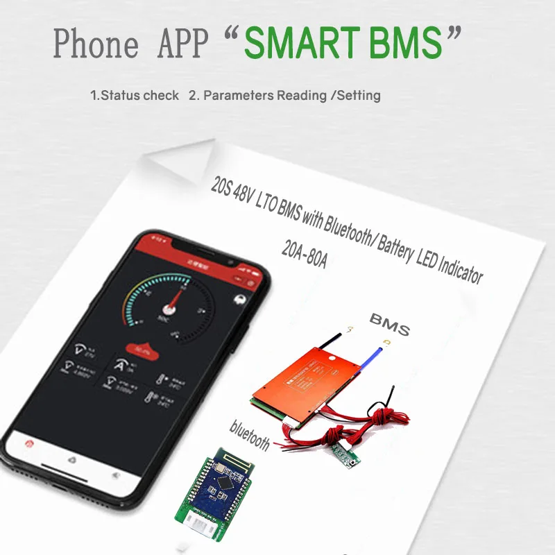 

20S 48V LTO BMS20A80A with Bluetooth phone APP RS485 CAN NTC UART GPS for LTO Batteries 2.4V connected in 20 series