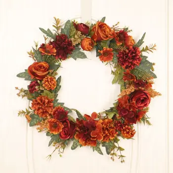 

40CM Artificial Wreath Autumn Pumpkin Rose Maple Leaves Wreath Party Hanging Pendants for Christmas Halloween Thanksgiving Days