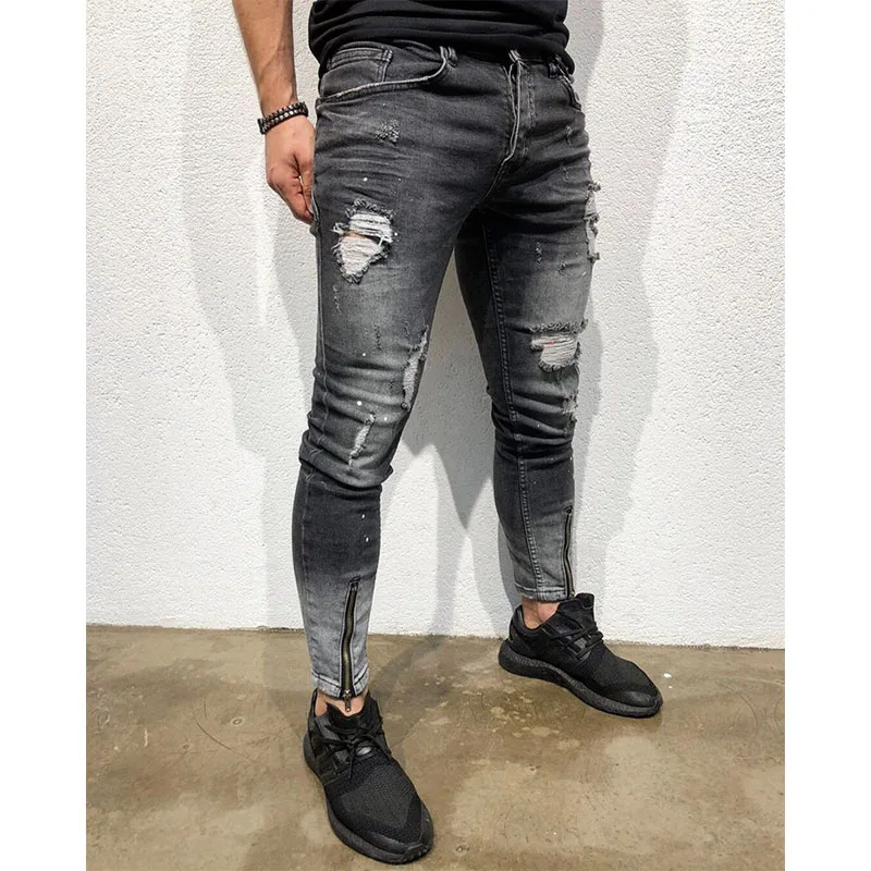

New Men's Hole Small Feet Stretch Jeans Men's High Quality Brand-name Denim Trousers Men's Slim Trousers Trend Foot Zipper Jeans