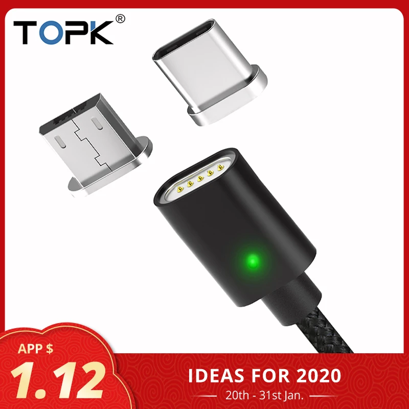 TOPK Magnetic Cable LED Indicator USB Type C Cable& Micro USB Cable Adapter Nylon Braided Data Sync Magnet Charger Cable