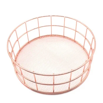 

Nordic Metal Storage Box Wrought Iron Mesh Bottom Disc Office Large Storage Finishing Basket Plating Rose Gold 1PCS