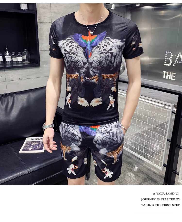 Футболка zomer+ шорты tweedelige Mannen Mode Sportkleding Комплект футболок с принтом Persoonlijkheid Mannen's t-shirt Kleding