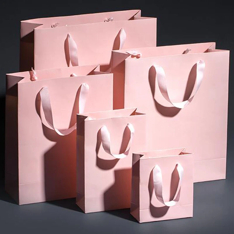 

500pcs/Lot Custom Paper Bags with Ribbon or Cotton Handles, Portable Paper Gift Bag for Clothings, Customized Color and Logo