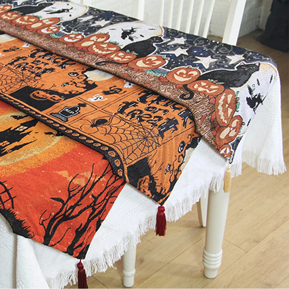  Decorative Table Runner Linen Table Cloth with Tassels for Halloween Easter Dinner Parties Supplies
