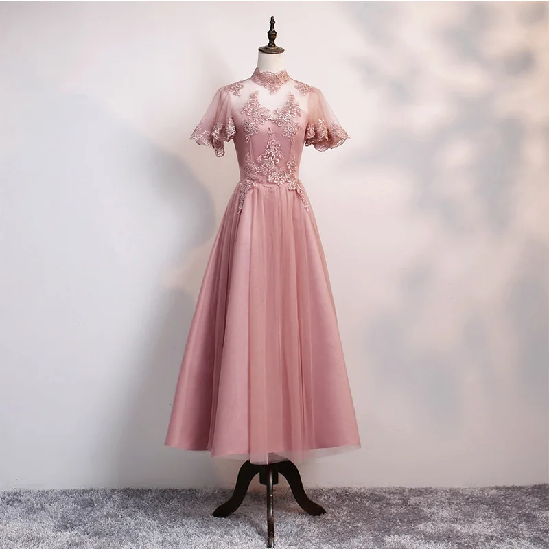 Красота Эмили круглым вырезом с кружевными аппликациями, Платья для подружек невесты короткий рукав розовый длинное платье для Свадебная вечеринка бусины со шнуровкой сзади Vestido