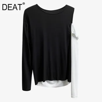 

DEAT 2020 new summer and autumn full sleeves contrast colors fake two pieces pullover loose T-shirt WN17601L