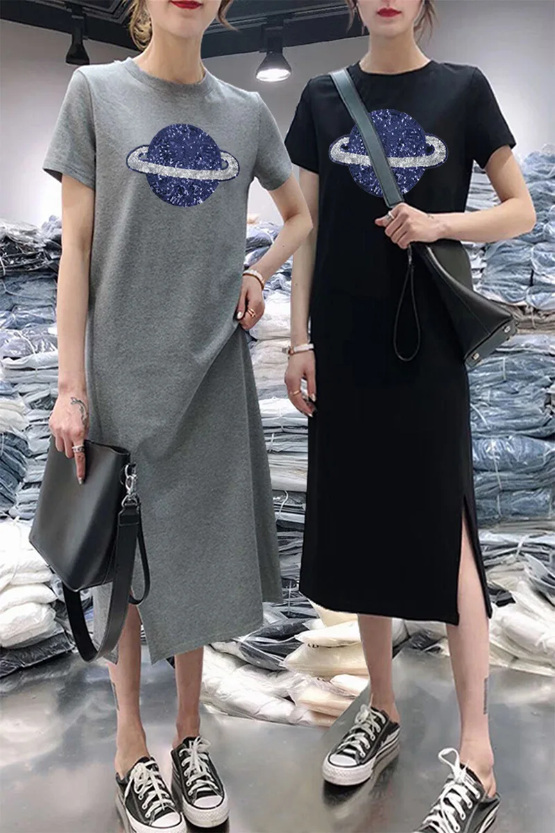 

Summer Short-sleeve Dress Women's Casual Belly Covering Large Size Loose-Fit Mid-length over-the-Knee Base T-shirt Skirt