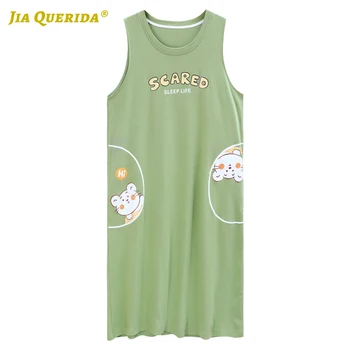 

Fashion Soft Sleeveless Green Home Dress Long Shirt Casual Style Summer Woman Clothes Night Gown Night Wear Cartoon Printing