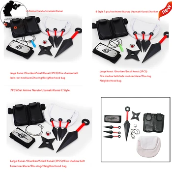 

A/B/C Cosplay Accessories 7PCS/Lot Anime Naruto Uzumaki Kunai Shuriken Kunay Konoha Wearing necklace Pendant Props Set toy gifts