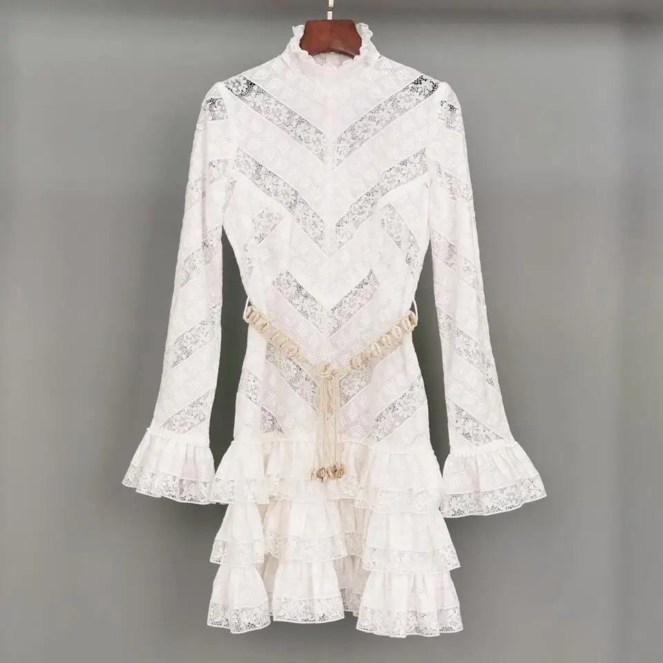 

2019 new ladies fashion long-sleeved collar collar shell belt lace stitching openwork dress 0803