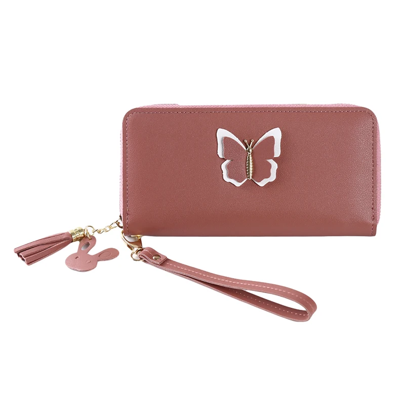 Deep pink Fashion Butterfly Women Wallet Wrist Handle Phone Case Long Section Money Pocket Pouch Handbag Women's Purse Card Holders - Цвет: Deep pink