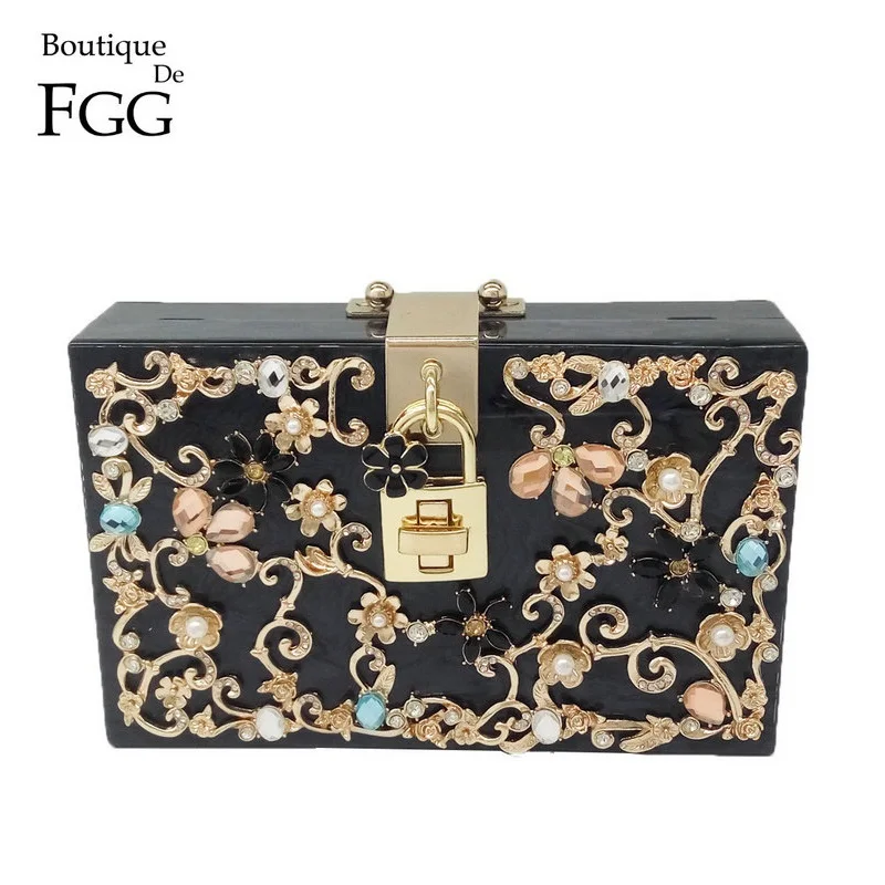 Женский клатч Boutique De FGG черный акриловый бокс вечерние сумочки с цветами и