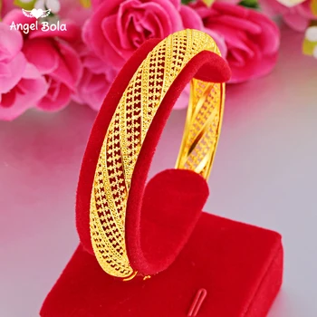 

New Wide Ethiopian Muslim Bangle Women Gold Color Dubai Bride Wedding Gift Turkish Bracelet African Arab Hollow Design Jewelry