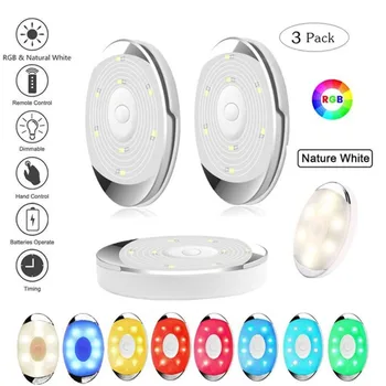 

LED Under Cabinet Light For Battery Wardrobe / Closet Puck Kitchen Light with Controller Dimmable RGB + Natural white Night Lamp