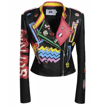 

2019 PU Leather scrawl Jacket Women rivet Graffiti Colorful Printbadge Biker Jackets PUNK stud Streetwear Doodling Ladies Coats