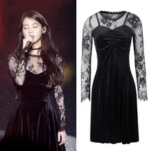 Осень стиль IU Стиль Знаменитостей Европа и Америка женское платье Дебютант золото бархат Французский Кружева суставное черное платье 69
