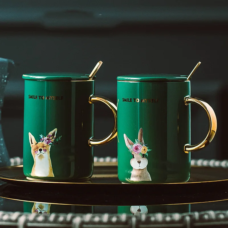 

Nordic Gold Handle Animal Mugs With Lid Spoon Simple Creative Retro Ceramic Cup Personality Trend Coffee Green Glaze Cartoon Mug