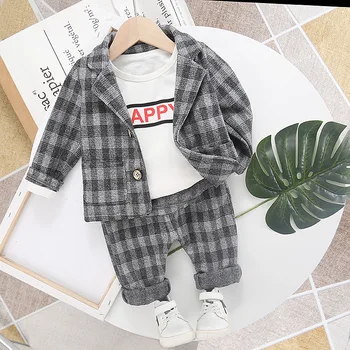 

Boy's spring and autumn suit 2020 new Korean version boy's tweed checked suit two pieces handsome children's wear