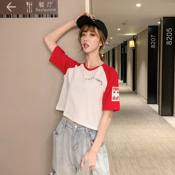 

Summer 2020 New Style Printing Short-sleeved T-shirt Women's Crew Neck Loose-Fit Short Lettered Tops Pure Cotton 7671