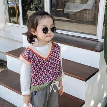 

3238 2020 Spring Children's New Korean Retro Contrast Core Spun Sleeveless Knitted Sweater Vest Baby Girls Tops Pullovers