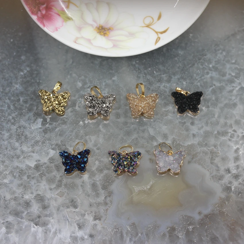 7 цветов на выбор, модные серьги в виде бабочек подвески, высококачественные кварцевые друзы, титановые Агаты Drusy Geode кулон ожерелье ювелирные изделия