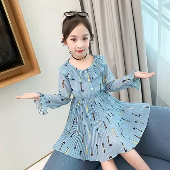 

Girls Dress Long Sleeve Cute Dresses for Kids 2020 Spring Summer Flounce Sleeve Chiffon Pleated Children Knee Length Dresses