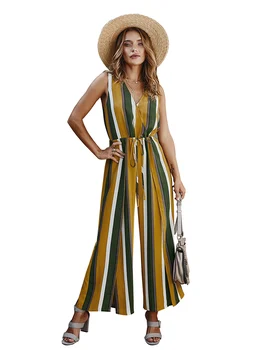 

High quality Women Striped Clubwear Playsuit Party Overall Jumpsuit Strappy V Neck Romper Sleeveless Long Trousers Newest